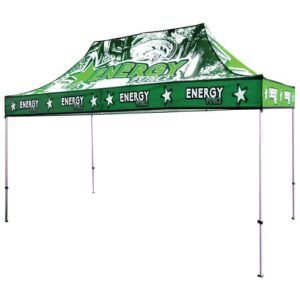 Large green canopy tent with printed graphics - size 15ft x 10ft