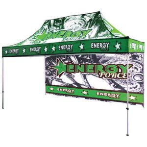 Canopy tent with backwall, printed with a green design.