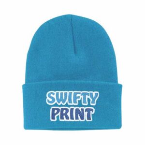 A neon blue coloured toque featuring the Swifty Print embroidered logo.