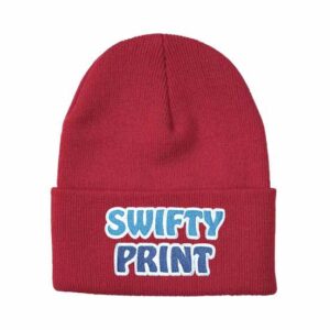 A red coloured toque featuring the Swifty Print embroidered logo.