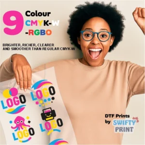 DTF Gang Sheets by Swifty Print with lady holding a printed roll.